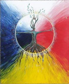 a colorful painting with a tree in the center