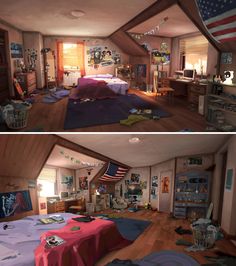 two pictures of a bedroom with an american flag on the wall