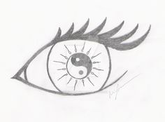 a drawing of an eye with the yin symbol on it's iris and eyelashes