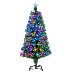 a christmas tree with multicolored lights on it's base and a black stand