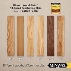 several different types of wood finish options for furniture and floor coverings, including white oak, black walnut, red oak, yellow cedar, or minwax