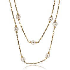 18ct yellow gold 90cm chain interspersed with 13 freshwater cultured pearls. Pearl Chain Necklace, Gold Pearl Necklace, Freshwater Cultured Pearls, Pearl Chain, Ring Size Guide, Multi Stone, Gold Platinum, Gold Pearl, 22k Gold