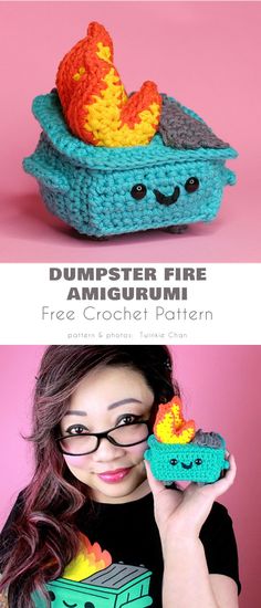 there is a woman holding a crochet fire amigurm in her hands