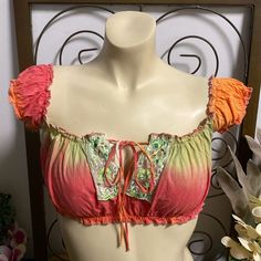 Cute Tie Dye Boho Off Shoulder Crop Top By “Seline Usa”..Size Small-Fits 32-34 Bust..Orange-Lime Green-Coral Cotton..Sequin Embroidery Trim..Very Good Condition/Never Worn..Great Little Hippie Festival Top!.. Orange Short Sleeve Crop Top For Summer, Orange Hippie Tops For Festival, Orange Hippie Top For Festival, Orange Cotton Crop Top For Beach, Fitted Multicolor Tops For Beach Season, Fitted Orange Crop Top For The Beach, Orange Summer Crop Top For The Beach, Orange Summer Crop Top For Beach, Orange Cropped Top For Beach