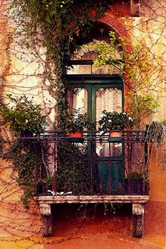 an old balcony with potted plants on it