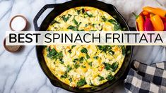 the best spinach frittata recipe is on display in this kitchen scene with ingredients