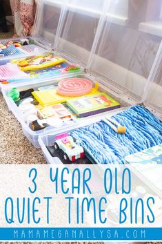 three year old quiet time bins filled with crafting supplies for kids to make