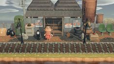 a cartoon character standing in front of a train station with lots of barrels and tanks