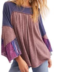 We The Free/Free People Xs Friday Fever Flowy Top Plum Combo Nwt. Brand New With Tags Style Ob799522. Flowy And Oversized With Dolman Type Sleeve. Sold At Macy’s. Smoke Free Pet Friendly B35 Free People Set, Free Friday, Flirty Tops, Casual Tanks, Flowy Top, Junior Outfits, Flowy Tops, Wide Sleeves, Boho Clothing