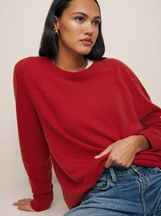 Reformation Cashmere Boyfriend Sweater, Kendall Jenner Red Sweater, Red Cashmere Sweater Outfit, Sustainable Sweater, Dark Red Sweater, Cashmere Sweater Outfit, Womens Winter Fashion, Red Cashmere Sweater, Find Style