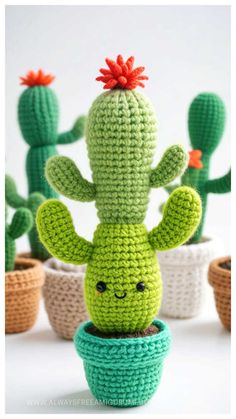 a crocheted cactus is sitting in a pot with other small cacti