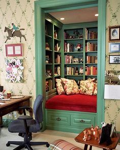 a room with a bookcase and desk in it that says, close transformed into a book nook