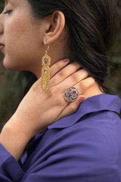 A statement sterling silver piece embellished with inlay and uncut Lapis Lazuli crystals. Hammered texture on a silver ring body. Fusion Style Sapphire Jewelry, Unique Sapphire Jewelry, Lapis Lazuli Crystal, Silver Pieces, Lapis Lazuli, Silver Ring, Diamond Earrings, Silver Rings, Drop Earrings