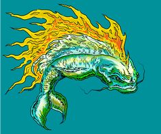 a drawing of a fish with flames coming out of it's back end and head