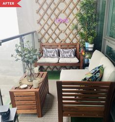 a balcony with wooden furniture and potted plants