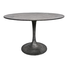 an oval marble table with metal pedestals on the top and base, against a white background