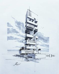 a drawing of a tall building with balconies on the top and bottom floors