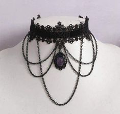 Gothic Accessories Jewellery, Amethyst Choker, Chains Design, Emo Jewelry, Lady In Black, Leather Choker Collars, Gothic Choker, Goth Choker, Gem Pendant