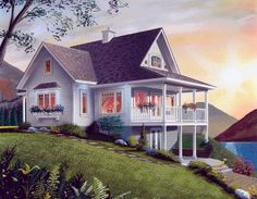 this is an artist's rendering of a house in the country side with porches and balconies