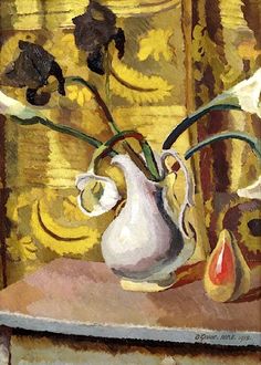 a painting of flowers in a white vase on a table next to an orange and yellow wall