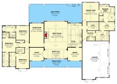 the first floor plan for a home with two garages and an attached pool area