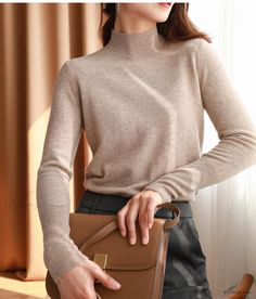 Elluis - Exquisite Minimalist Knitted Sweater - Enhanced Half Turtleneck Base Layer Pullover Top Elegant Beige Solid Color Sweater, Elegant Non-stretch Winter Sweater, Elegant Stretch Solid Color Sweater, Knitted Stretch Sweater For Work, Beige High Neck Fine Knit Sweater, Beige Fine Knit High Neck Sweater, Plain Turtleneck Sweater For Fall, Classic Plain Sweater For Winter, Classic Beige Stretch Sweater