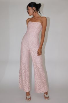 Shop the Ankita Strapless Lace Jumpsuit Pink Blush | Selfie Leslie Wedding Lace Jumpsuit, Birthday Jumpsuit, Jumpsuit Pink, Floral Lace Fabric, Selfie Leslie, Tie Up Heels, Yellow Bridesmaids, Red Bridesmaids, Veil Hairstyles