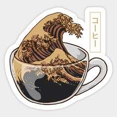 a sticker with an image of a cup of coffee and the great wave in it