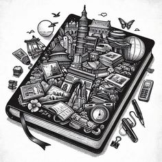 a drawing of a book with many things on the pages and around it, including books