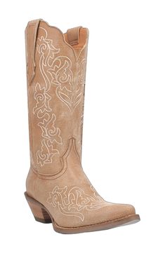 Add a dose of Western flair to your footwear collection with a leather cowboy boot boasting intricate topstitching and a sweetly scalloped topline. A thick block heel and cushioned footbed make it perfect for a night of line dancing. Cushioning: absorbs impact and distributes weight for consistent, buoyant comfort under each step 2" heel 13" shaft; 14" calf circumference Pull-on style Cushioned insole Leather upper/textile lining/synthetic sole Imported Tan Cowboy Boots, Dingo Boots, Line Dance, Western Boots Women, Leather Cowboy Boots, Western Boot, Line Dancing, Footwear Collection, Cowboy Boot