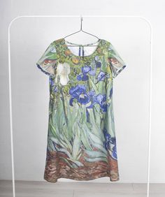 Linen dress - Vincent Van Gogh art - Prints on linen - Natural dye - Holiday dress - Art to wear - Hand made by LinenIsLove on Etsy Linen Dresses With Floral Print, Relaxed Fit Linen Dress With Floral Print, Flax Colored Short Sleeve Summer Dress, Flax Short Sleeve Summer Dress, Summer Flax Dress With Short Sleeves, Short Sleeve Flax Dress For Summer, Vincent Van Gogh Irises, Van Gogh Irises, Linen Dress Summer