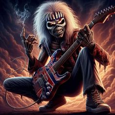 a skeleton playing an electric guitar in front of a sky full of lightning and clouds