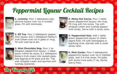 the recipe for peppermint liqueur cocktails is shown in red and white