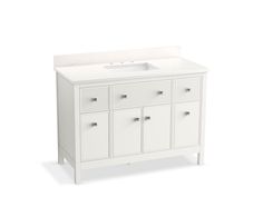 a white bathroom vanity with drawers and a sink on it's side, in front of a white background