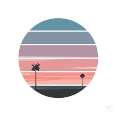 a sunset with two palm trees in the middle