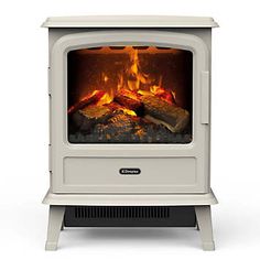 an electric stove with logs in it on a white background, showing the fire inside