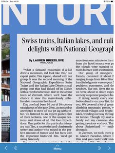 the front page of an article about swiss trains, italian lakes and cut delights with national