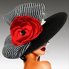 Stunning Black And White Striped Wide Brim Red Flower Hat, Perfect For The Kentucky Derby, Church Events, Or Tea Parties. This Gorgeous, Timeless, Sophisticated Couture Hat Is Designed To Turn Heads And Make A Statement, Adding A Touch Of Glamour And Elegance To Any Ensemble. Classic Tradition With A Modern Twist, This Work Of Art Is The Epitome Of Grace And Sophistication! Crazy Kentucky Derby Hats, Kentucky Derby Outfit, Stylish Womens Hats, Special Occasion Hats, Classy Hats, Tea Hats, Derby Outfits, Occasion Hats, Couture Hats