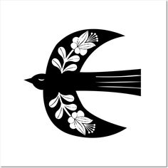 a black and white drawing of a bird with flowers on it's tail