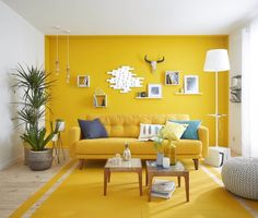 a living room with yellow furniture and pictures on the wall above it's coffee table