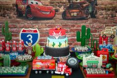 cars themed birthday party with cake and decorations