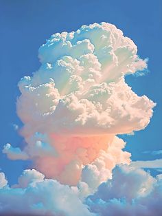 a large cloud in the blue sky with white clouds and pinkish colors on it