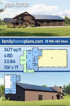 two story house plan with 3 car garage and living room, attached to the main floor