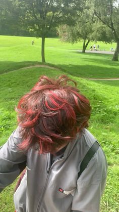 red hair dye asian Red Short Fluffy Hair, Short Hair With Red Tips, Beautiful Hair Color Ideas Short Hair, Red Highlights In Brown Hair Men, Short Hair Highlights Men, Red And Brown Short Hair, Short Hair Tips Dyed, Dark Hair Dyed Red, Short Brown And Red Hair