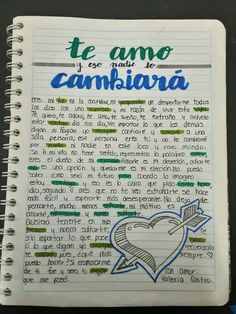 a notebook with writing on it that says, te amo y'est seu de cambiaria