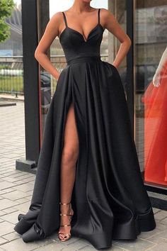 A Line Sweetheart Spaghetti Straps Black Satin Split Long Prom Dresses PG730 - Pgmdress Winter Formal Dresses, Jason Statham, Long Evening Gowns, Black Evening Dresses, Satin Prom Dress