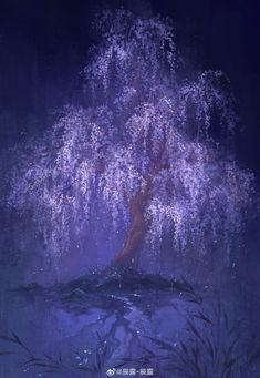 a painting of a tree with purple flowers in the night sky and water below it