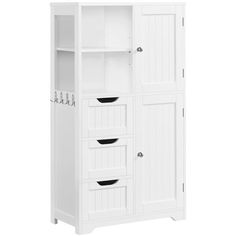 a white cabinet with three drawers and two doors