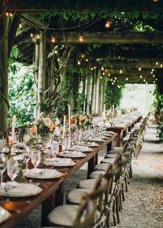 a long table is set up for an outdoor dinner