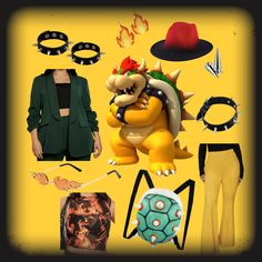 a woman standing next to a yellow background with various items on it and an image of mario